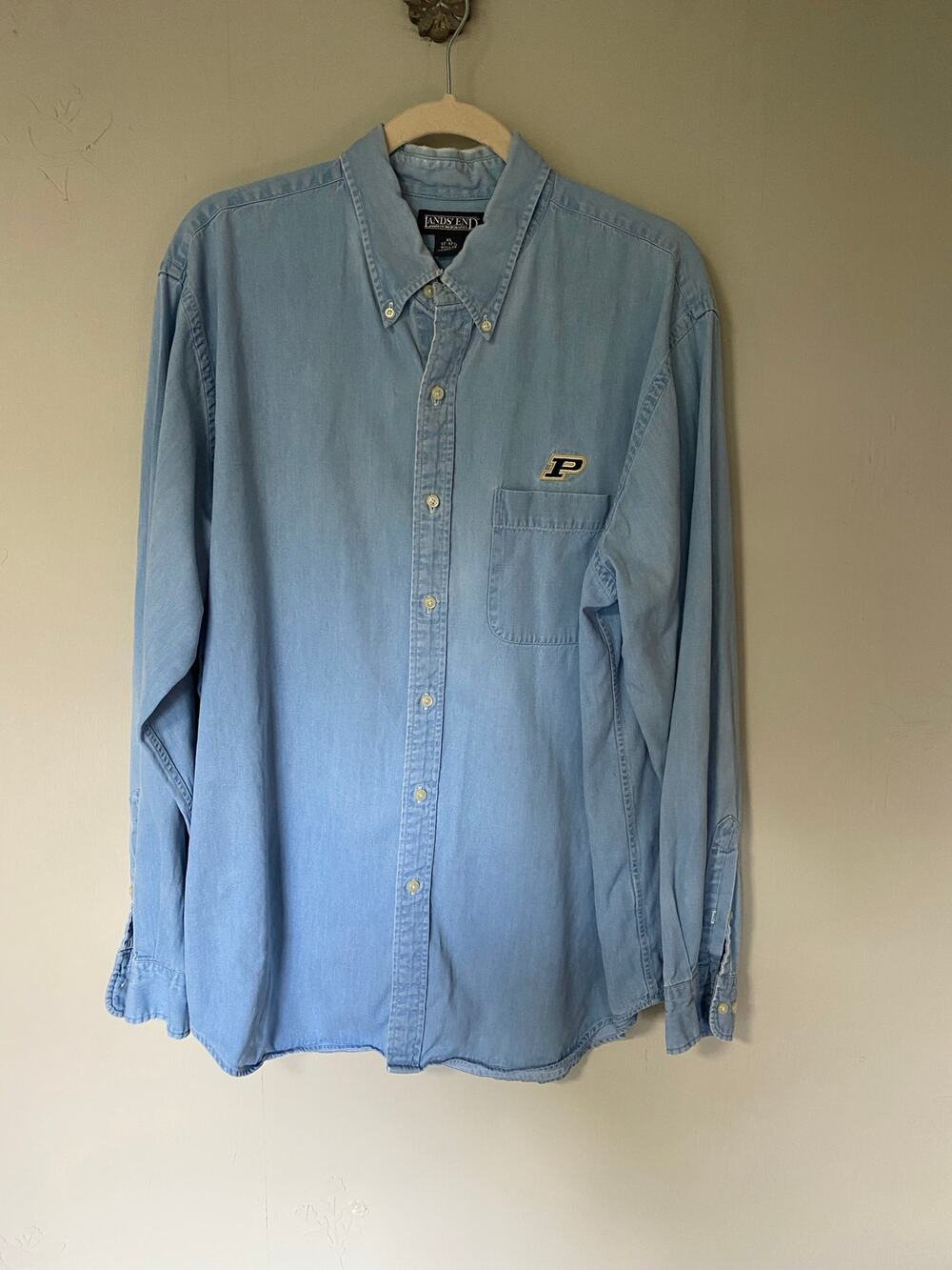 Vintage Lands' End 100% Cotton Embroidered Purdue Chambray Long Sleeve XL